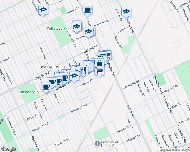 map of restaurants, bars, coffee shops, grocery stores, and more near 2082 Iroquois Street in Windsor
