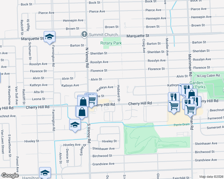 map of restaurants, bars, coffee shops, grocery stores, and more near 32493 Kathryn Street in Garden City
