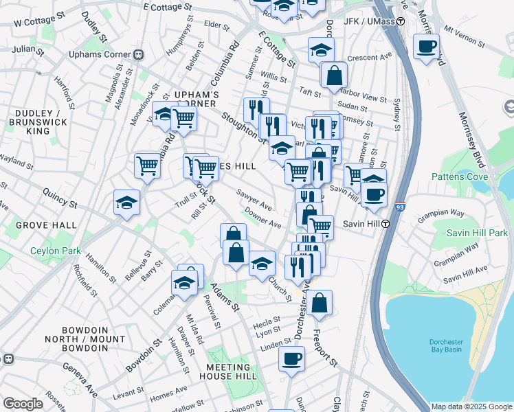 map of restaurants, bars, coffee shops, grocery stores, and more near 56 Sawyer Avenue in Boston