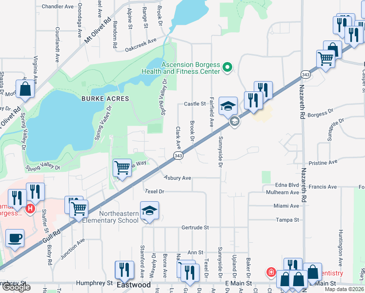 map of restaurants, bars, coffee shops, grocery stores, and more near 2116 Clark Avenue in Kalamazoo