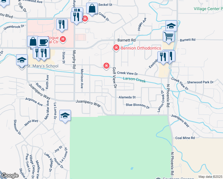 map of restaurants, bars, coffee shops, grocery stores, and more near 880 Golf View Dr in Medford