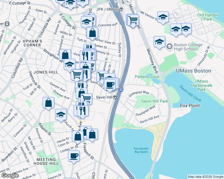 map of restaurants, bars, coffee shops, grocery stores, and more near 10 Sydney Street in Boston