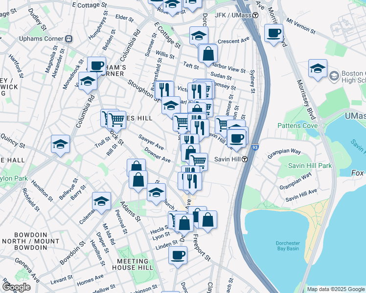 map of restaurants, bars, coffee shops, grocery stores, and more near 1133 Dorchester Avenue in Boston
