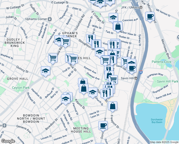 map of restaurants, bars, coffee shops, grocery stores, and more near 56 Sawyer Avenue in Boston
