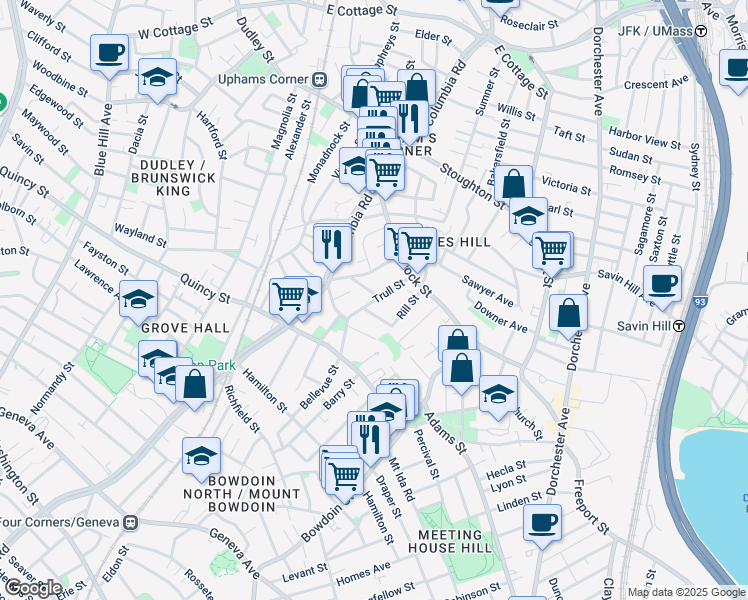 map of restaurants, bars, coffee shops, grocery stores, and more near 25 Trull Street in Boston