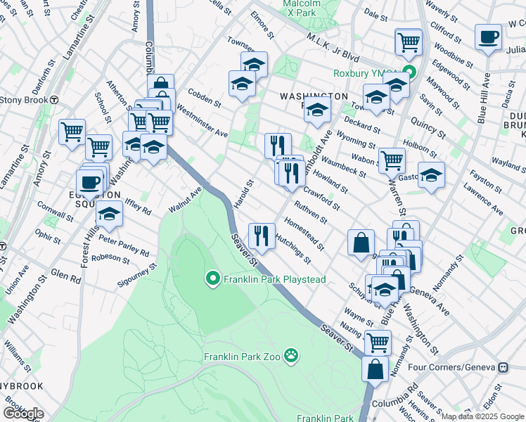 map of restaurants, bars, coffee shops, grocery stores, and more near 83 Homestead Street in Boston