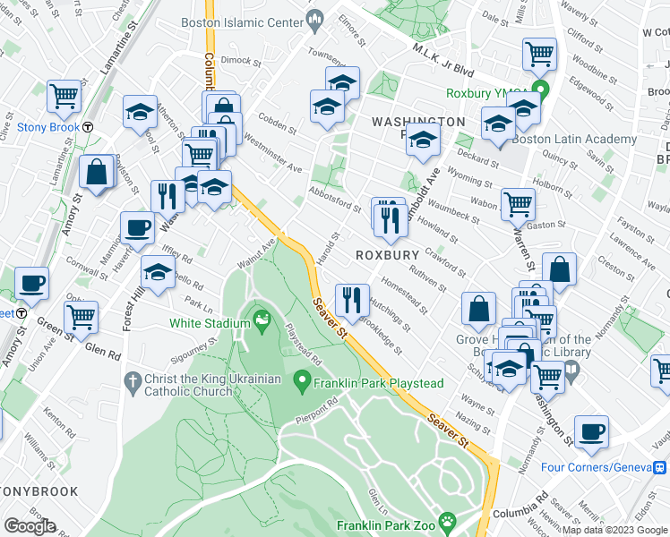 map of restaurants, bars, coffee shops, grocery stores, and more near 119 Hutchings Street in Boston