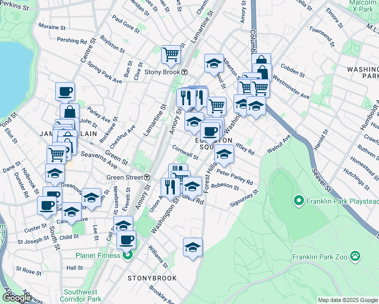 map of restaurants, bars, coffee shops, grocery stores, and more near 73 Merriam Street in Boston
