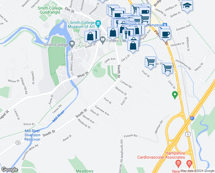 map of restaurants, bars, coffee shops, grocery stores, and more near 152 South Street in Northampton