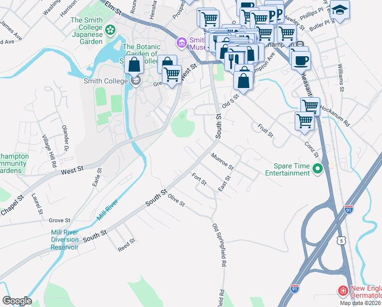 map of restaurants, bars, coffee shops, grocery stores, and more near 1 Edgewood Terrace in Northampton