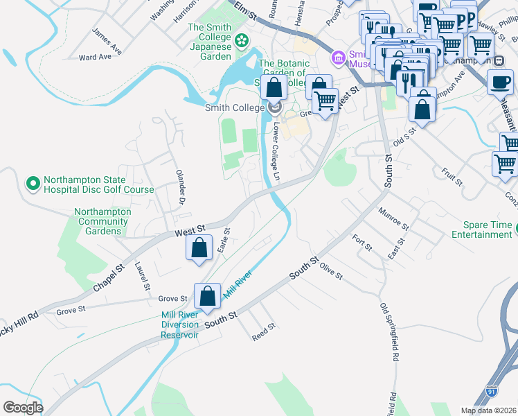 map of restaurants, bars, coffee shops, grocery stores, and more near 178 West Street in Northampton