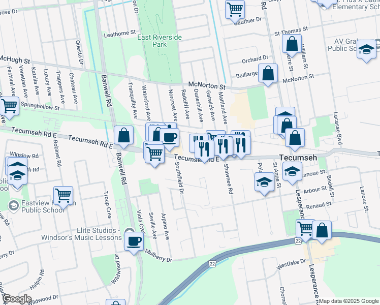 map of restaurants, bars, coffee shops, grocery stores, and more near 11910 Tecumseh Road in Windsor