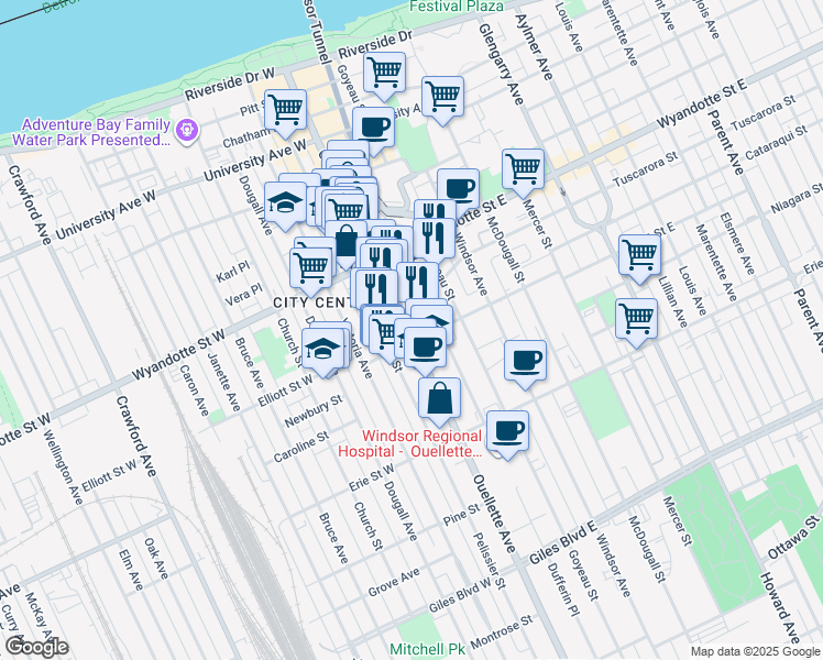 map of restaurants, bars, coffee shops, grocery stores, and more near in Windsor