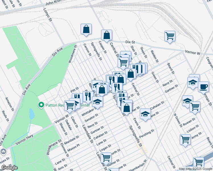 map of restaurants, bars, coffee shops, grocery stores, and more near 2361 Carson Street in Detroit