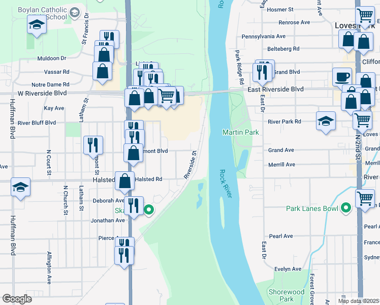 map of restaurants, bars, coffee shops, grocery stores, and more near 719 Belmont Boulevard in Rockford