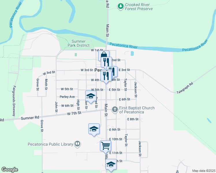 map of restaurants, bars, coffee shops, grocery stores, and more near 527 Main Street in Pecatonica
