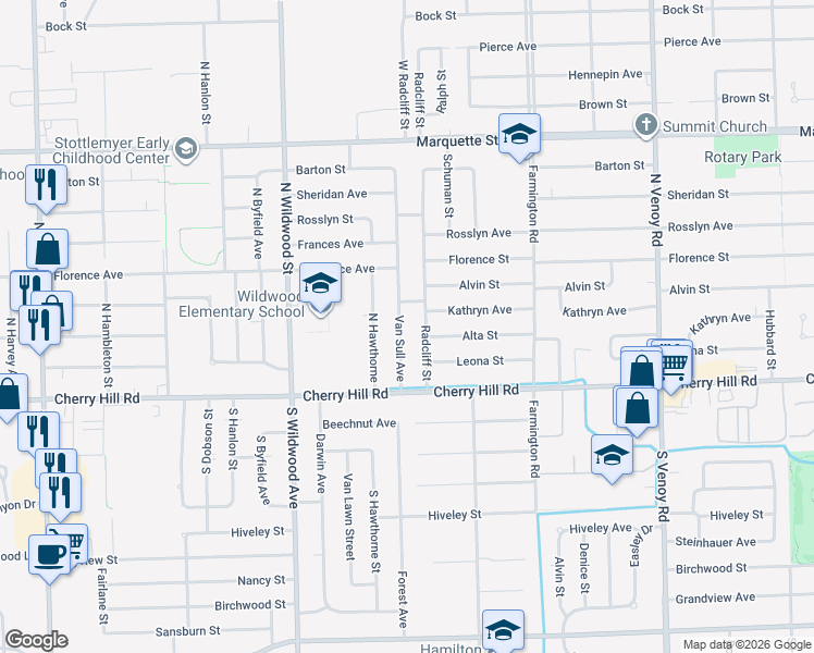 map of restaurants, bars, coffee shops, grocery stores, and more near 324 Van Sull Avenue in Westland