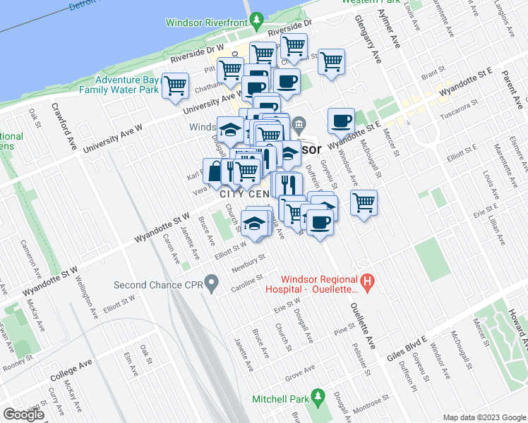 map of restaurants, bars, coffee shops, grocery stores, and more near 697 Victoria Avenue in Windsor