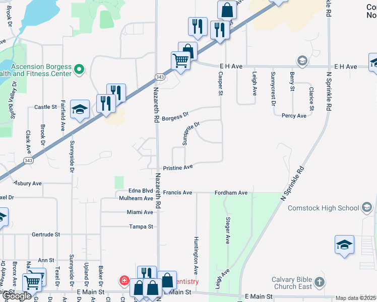 map of restaurants, bars, coffee shops, grocery stores, and more near 2116 Sunsprite Drive in Kalamazoo