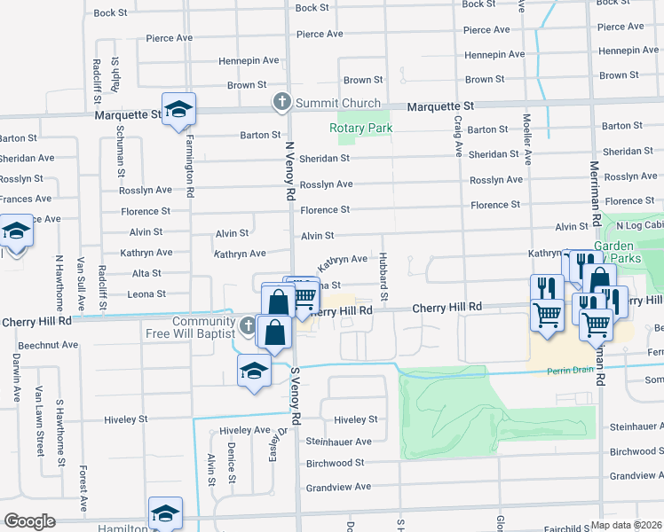 map of restaurants, bars, coffee shops, grocery stores, and more near 32585 Kathryn Street in Garden City