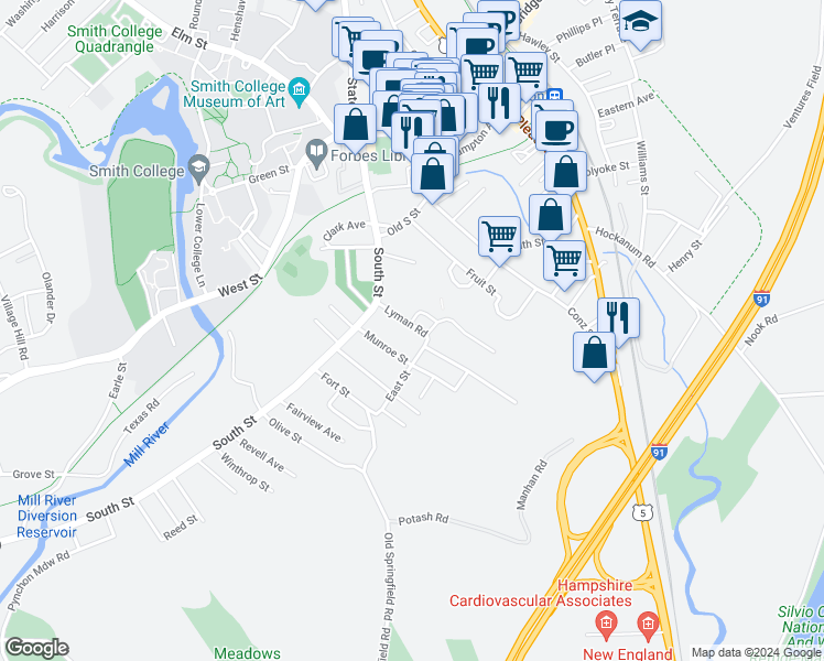 map of restaurants, bars, coffee shops, grocery stores, and more near 29 Lyman Road in Northampton