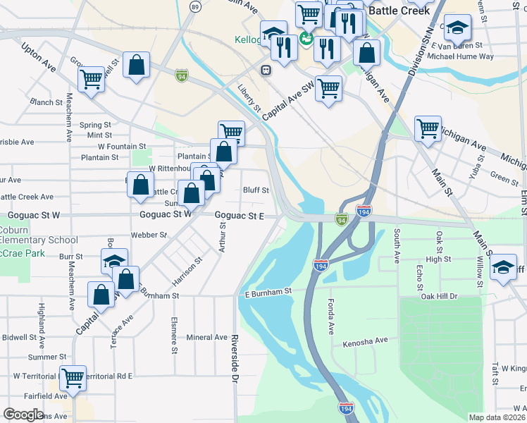 map of restaurants, bars, coffee shops, grocery stores, and more near 93 Goguac Street East in Battle Creek