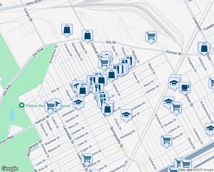 map of restaurants, bars, coffee shops, grocery stores, and more near 7759 Vernor Highway in Detroit
