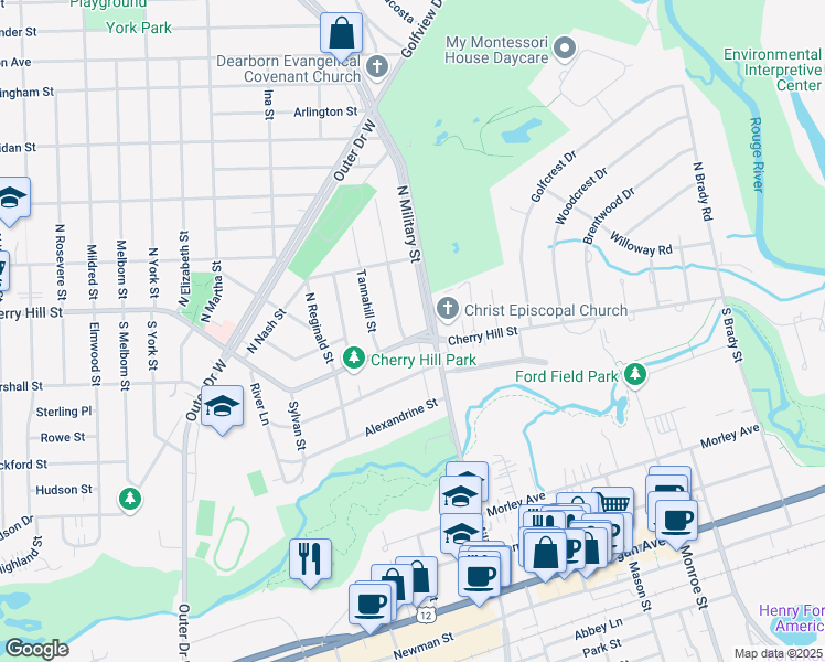 map of restaurants, bars, coffee shops, grocery stores, and more near 22434 Cherry Hill Street in Dearborn
