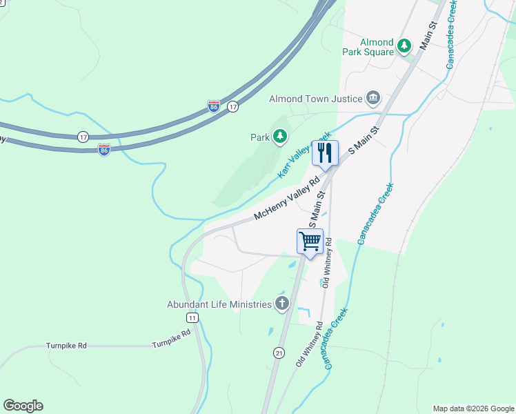 map of restaurants, bars, coffee shops, grocery stores, and more near 418 McHenry Valley Road in Almond