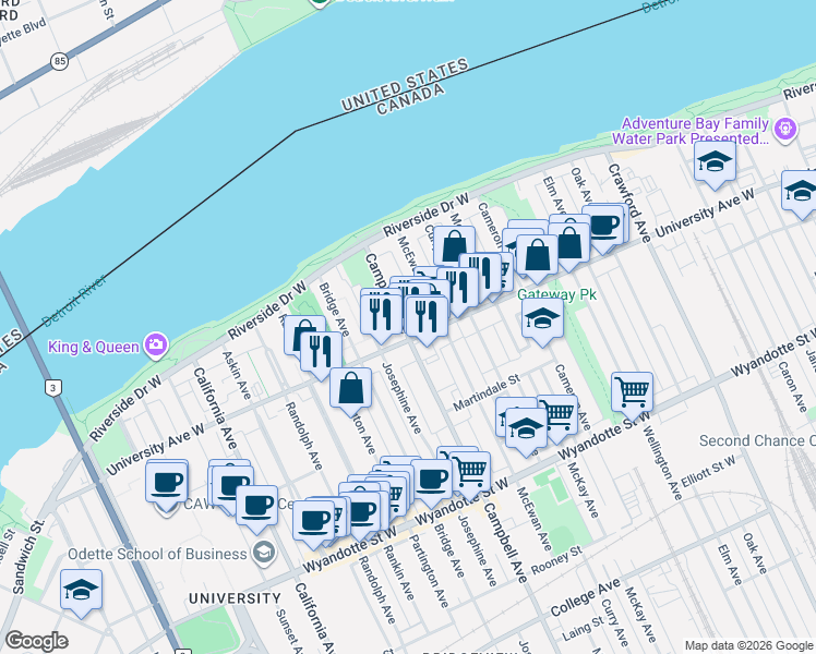 map of restaurants, bars, coffee shops, grocery stores, and more near 282 Campbell Avenue in Windsor