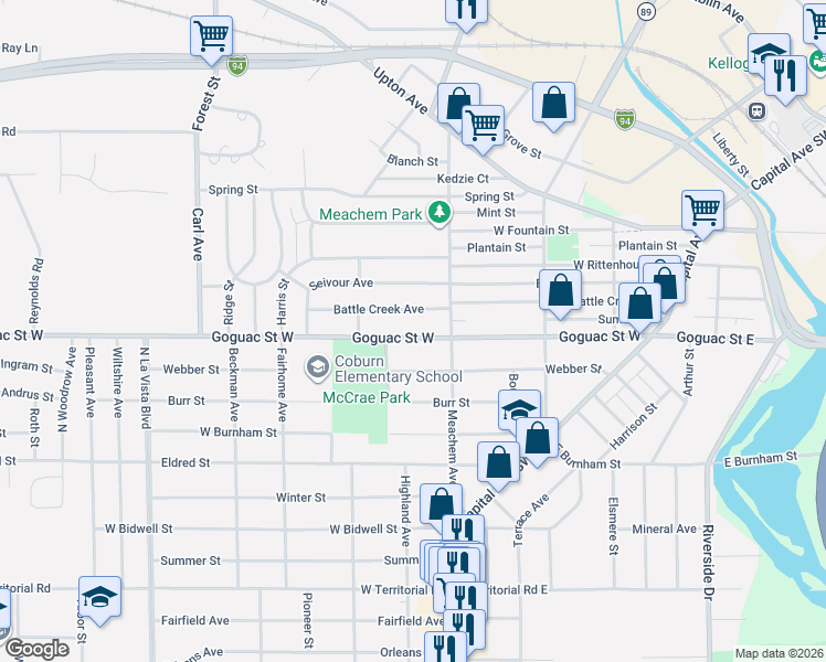 map of restaurants, bars, coffee shops, grocery stores, and more near 224 Goguac Street West in Battle Creek