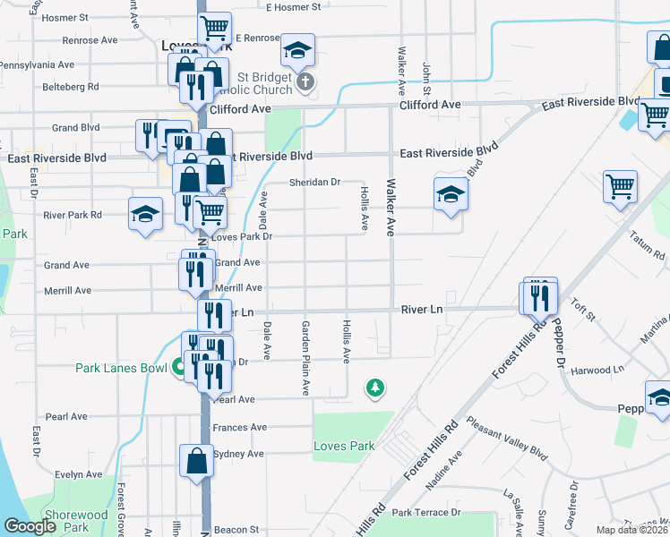 map of restaurants, bars, coffee shops, grocery stores, and more near 719 Grand Avenue in Loves Park
