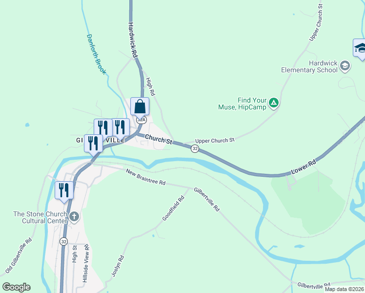 map of restaurants, bars, coffee shops, grocery stores, and more near 106 Church Street in Hardwick