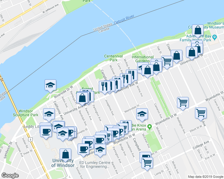 map of restaurants, bars, coffee shops, grocery stores, and more near 282 Campbell Avenue in Windsor