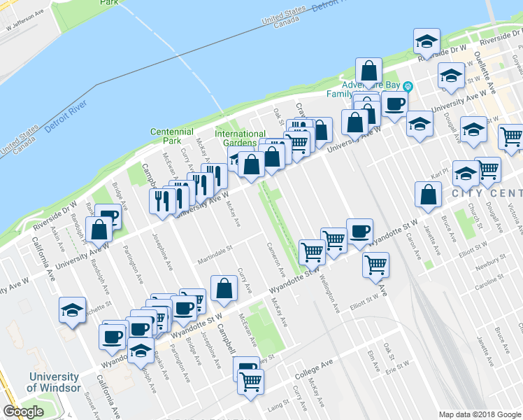 map of restaurants, bars, coffee shops, grocery stores, and more near 352 Cameron Avenue in Windsor