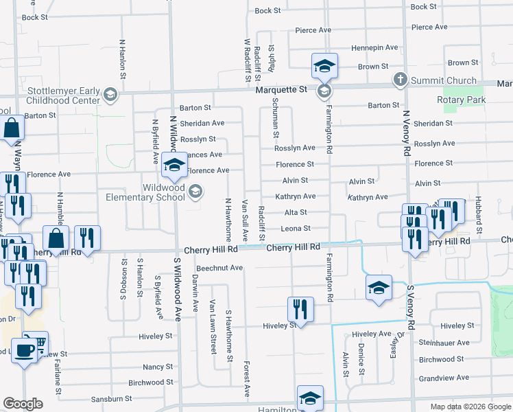 map of restaurants, bars, coffee shops, grocery stores, and more near 324 Van Sull Avenue in Westland