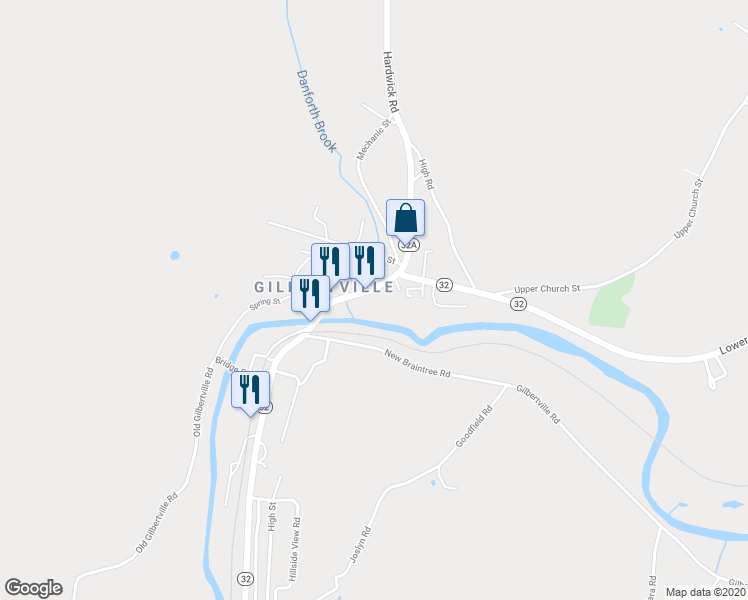 map of restaurants, bars, coffee shops, grocery stores, and more near 33 Main Street in Hardwick
