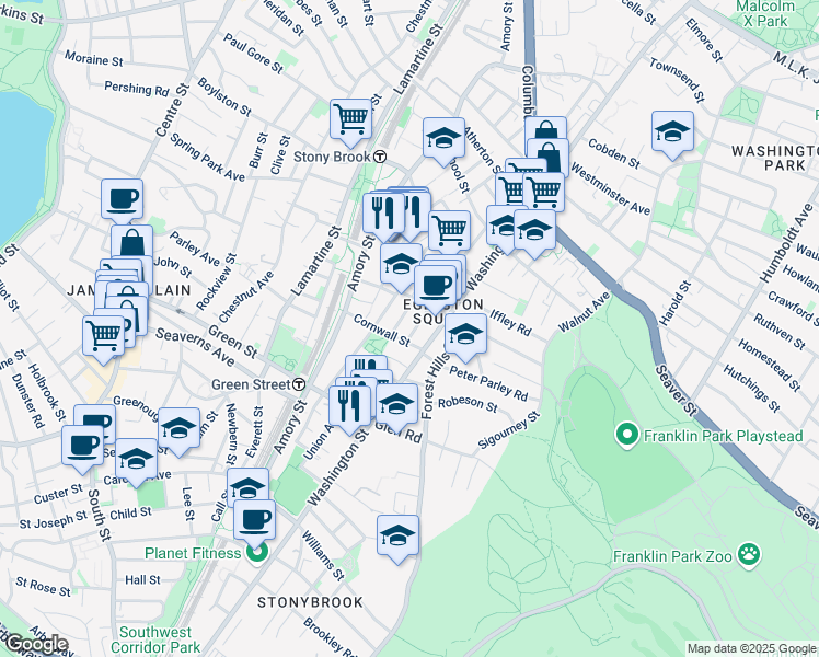 map of restaurants, bars, coffee shops, grocery stores, and more near 6 Haverford Street in Boston