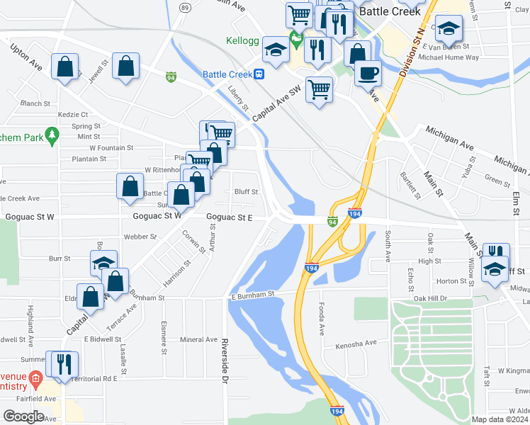 map of restaurants, bars, coffee shops, grocery stores, and more near 100 Riverside Drive in Battle Creek