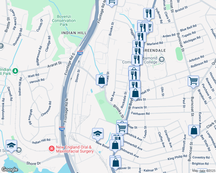 map of restaurants, bars, coffee shops, grocery stores, and more near 68 Brooks Street in Worcester