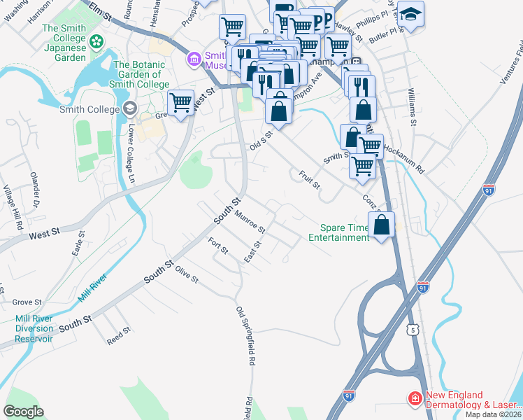 map of restaurants, bars, coffee shops, grocery stores, and more near 28 Lyman Road in Northampton