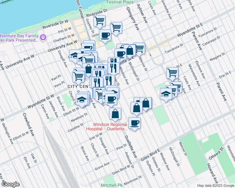 map of restaurants, bars, coffee shops, grocery stores, and more near 65 Elliott Street East in Windsor