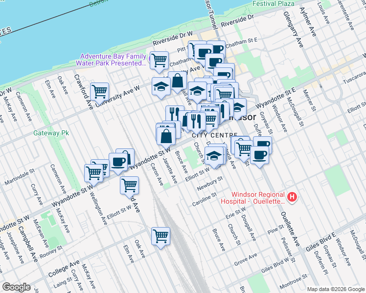map of restaurants, bars, coffee shops, grocery stores, and more near 465 Wyandotte Street West in Windsor
