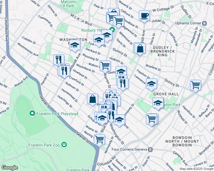 map of restaurants, bars, coffee shops, grocery stores, and more near 575 Warren Street in Boston