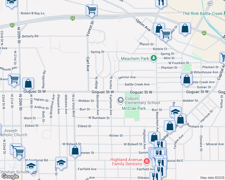 map of restaurants, bars, coffee shops, grocery stores, and more near 338 Goguac Street West in Battle Creek
