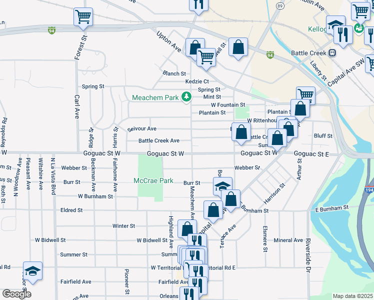 map of restaurants, bars, coffee shops, grocery stores, and more near 176 Meachem Avenue in Battle Creek