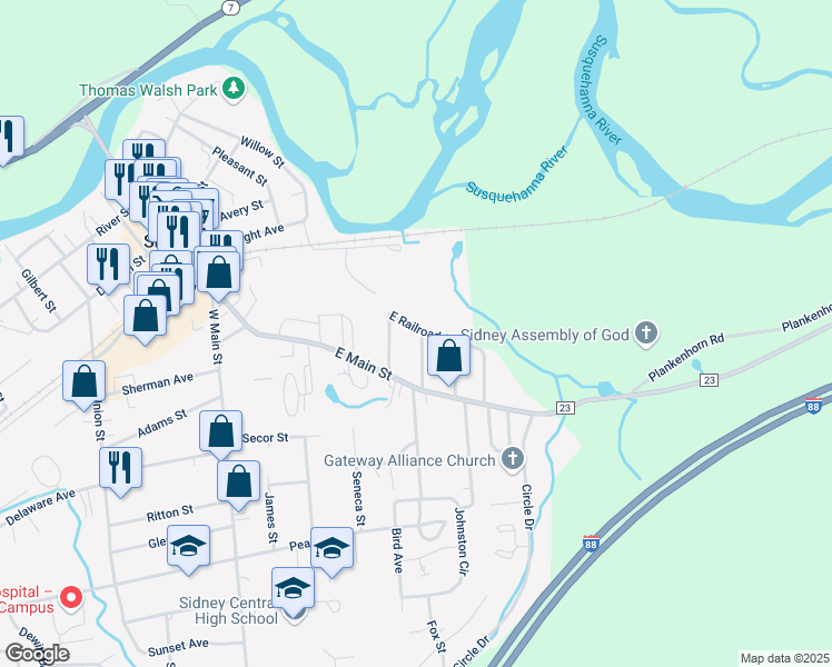 map of restaurants, bars, coffee shops, grocery stores, and more near 64 E Railroad St in Sidney