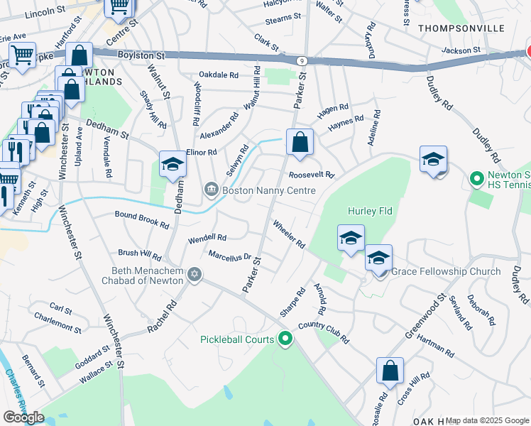 map of restaurants, bars, coffee shops, grocery stores, and more near 449 Parker Street in Newton