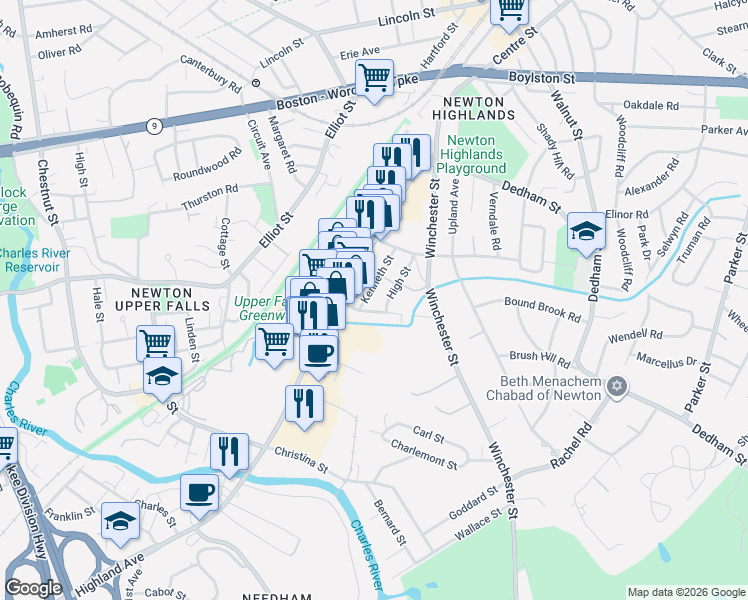 map of restaurants, bars, coffee shops, grocery stores, and more near 52 Kenneth Street in Newton