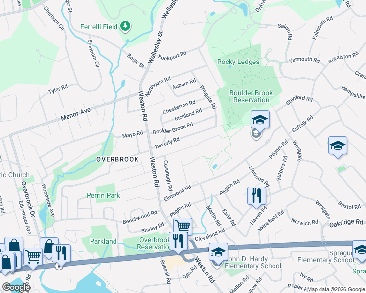 map of restaurants, bars, coffee shops, grocery stores, and more near 37 Pine Plain Road in Wellesley